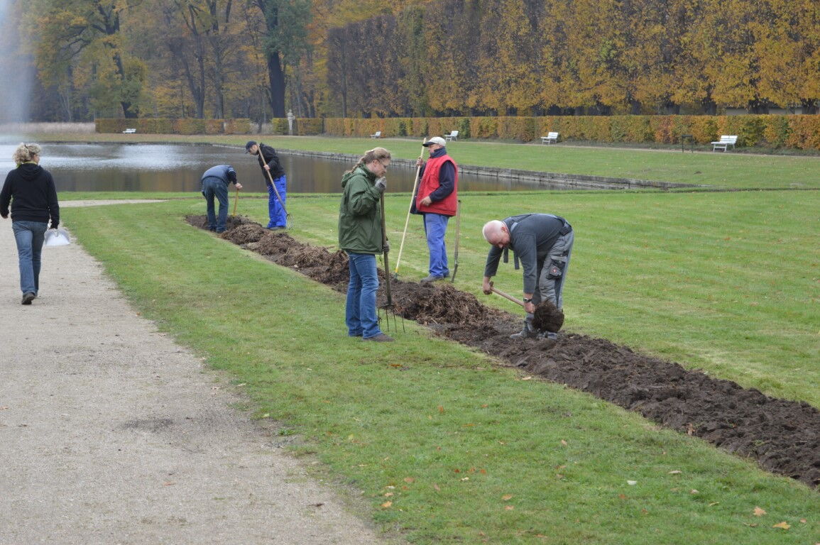 Das Foto zeigt 6 Personen beim Arbeitseinsatz Barockgarten Zabeltitz beim Anlegen der Blumenrabatte