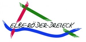 Die Grafik zeigt das Elbe-Röder-Dreieck-Logo. Auf einer blauen, geschwungenen Linie Stadt der Schriftzug, darüber kreuzen sich ein grüner und ein roter Strich.