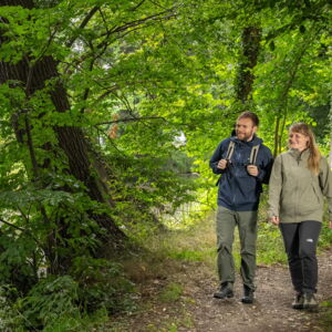 Unterwegs im Naturschutzgebiet Zwei Menschen spazieren im Wald