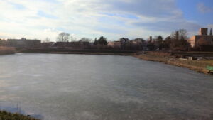 Auf einer großen Wasserfläche sieht man Eisstücke. Im Hintergrund ist eine Stadt erkennbar.
