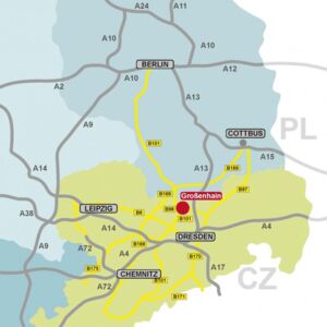 Lageplan mit Verbindung zu Dresden, Berlin, Polen und Tschechien