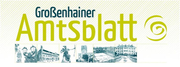 Das Foto zeigt den Titelkopf des Großenhainer Amtsblattes. Dieser besteht aus dem Schriftzug "Großenhainer Amstblatt", dem Großenhainer Kringel und sechs monochromen Bildern Großenhainer Sehenswürdigkeiten. Der Titel ist türkis und grün.