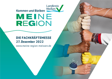 Die Grafik ist grün-weiß. Sie zeigt auf der linke Seite das Logo des Landkreises und den Veranstaltungsnamen. Auf der rechten Seite sieht man sechs Hände übereinander, die für verschiedene Beurfe stehen.