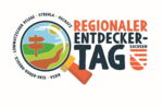 Die Grafik zeigt eine Lupe. Daneben steht der Begriff "Regionaler Entdeckertag". Um die Lupe herum sind verschiedene Ortsbezeichungen gruppiert.