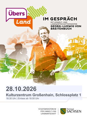 Plakat mit Illustration eines Mannes in orangefarbenem Hemd vor ländlicher Kulisse mit Traktor, Hirsch und Dorf, Text zu Gespräch mit Umwelt- und Landwirtschaftsminister Georg-Ludwig von Breitenbuch am 28.10.2026 im Kulturzentrum Großenhain