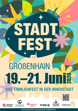 Ein buntes Plakat mit grafischen Mustern und den Gebäuden der Stadt.