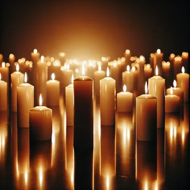 Auf dem Foto sieht man vor einem dunklen Hintergrund viele brennende kleine, mittlere und große Kerzen.