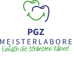 Zwei ineinanderverschlungene Zähne, einer grün und einer blau. Darunter steht: PGZ. Meisterlabore. Einfach die schönsten Zähne!