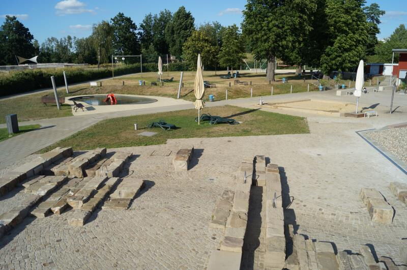 Das Foto zeigt den Spielbach, das Kinderplanschbecken und den Sandkasten mit Matschplatz.